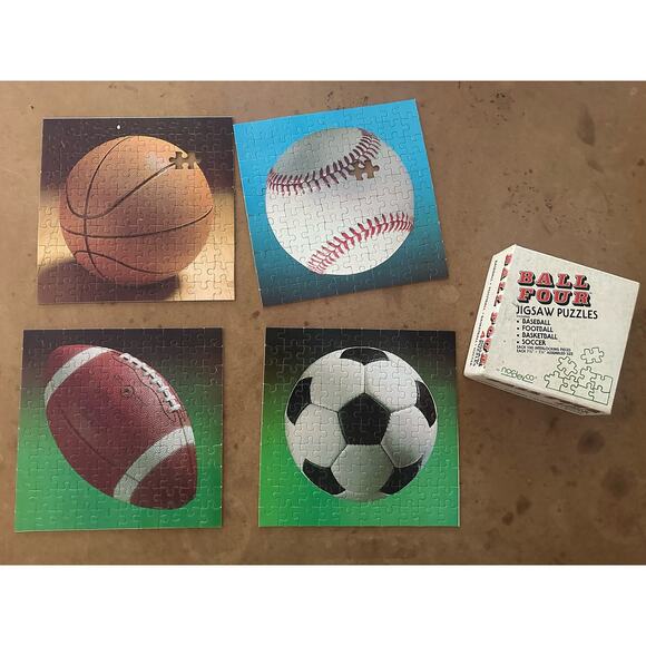 Ball Four Jigsaw Puzzles Nordevco Baseball Football Basketball Soccer Vintage - Picture 1 of 9